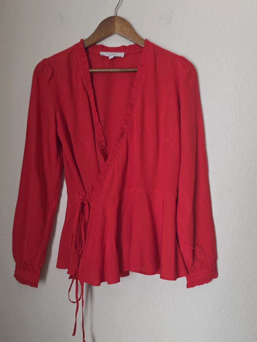 Loft Wrap Front Blouse Womens Size XS Red Ruffle Neck Cottagecore Whimsigoth